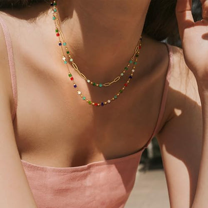 MTMY Beaded Necklaces for Women 14K Gold Plated Dainty Colorful Green/Rose Beaded Pearl Choker Necklace Delicate Boho Choker Necklace Jewelry Gift - style: Layer-mix color