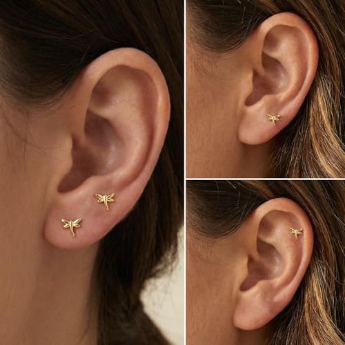 Flat Back Earrings for Women Cartilage Helix | Comfortable Dainty Cute Dragon Bee Bird Phoenix Dragonfly Cute Animal Leaf Spiral Rhombus Design Flatback Stud Earrings - color: Gold Dragonfly