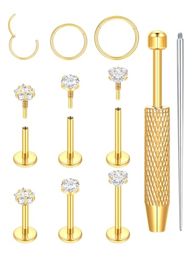 Oveta 16G 18G Flat Back Studs Earrings for Tragus Cartilage Piercing Jewelry, Surgical Steel Nose Rings Hoops 6/8/10mm, Silver/Gold - color: Gold, size: 18g*6/8/10mm bar