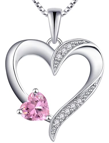 YL Heart Necklace 925 Sterling Silver Love Heart Pendant Birthstone Jewelry for Women - color: 10-pink tourmaline-Oct