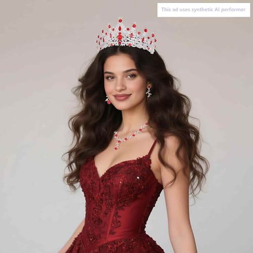Kamirola Tiaras and Crowns for Women,Tiaras Earrings Necklace, Crystal Bridal Jewelry Set (TR48) - color: Silver Red