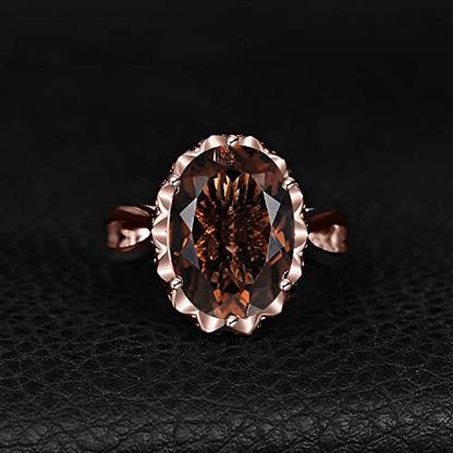 JewelryPalace Huge Oval Shape 5.7ct Genuine Smoky Quartz Cocktail Rings for Her, 14K White Yellow Rose Gold Plated 925 Sterling Silver Ring for Women, Natural Gemstone Jewelry Sets Rings - color: 3-Rose Gold Plated