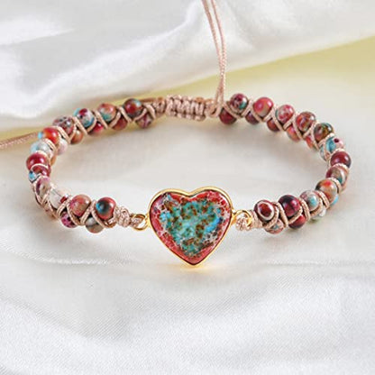 YGLINE Stone Bead Yoga Meditation Bracelet Healing Crystal Double Layer Natural Gemstone Beaded Relax Anxiety Bracelets for Women Men - color: jasper heart
