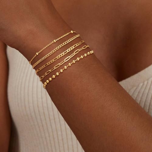 Cuzmly Bracelets for Women, Waterproof 14K Gold/Silver Plated Stackable Bracelets for Women Non Tarnish Trendy Dainty Paperclip Figaro Box Herringbone Hand Chain Bracelet Pack Stack Adjustable Jewelry for Women - style: 5 Satellite