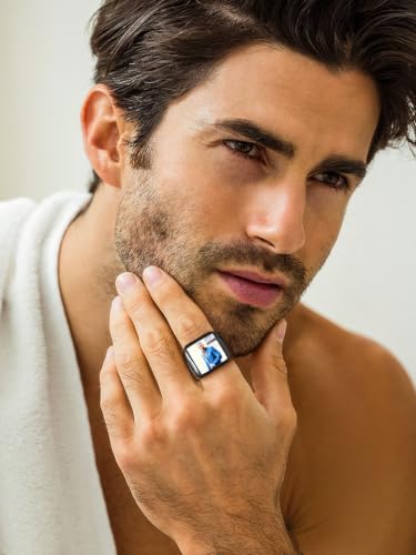 FindChic Customized Signet Photo Rings Square/Heart/Round Chunky Band Ring Stainless Steel/18K Gold Plated/Black Size 7 to 14 Personalized Jewelry for Men Women, Send Gift Box - color: 01. square-no stones (black)