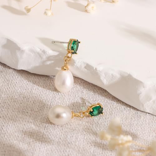 Pearl Drop Earrings Cubic Zirconia Stone Pearl Stud Earrings for Prom, Bridesmaids, Birthday Women Jewelry - color: Green CZ Stone