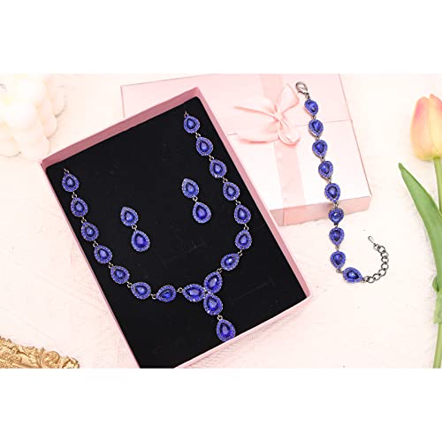 Austrian Crystal Rhinestone Necklace Dangle Earrings Link Bracelet Jewelry Set for Brides Bridesmaid Prom Costume Accessories for Women - color: Blue-Gun Black