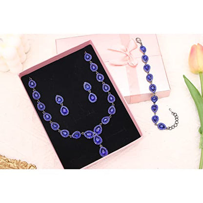 Austrian Crystal Rhinestone Necklace Dangle Earrings Link Bracelet Jewelry Set for Brides Bridesmaid Prom Costume Accessories for Women - color: Blue-Gun Black
