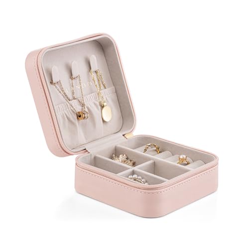 VLANDO Small Faux Leather Travel Jewelry Box Organizer Display Storage Case for Rings Earrings Necklace, Pink - color: MI. Pink