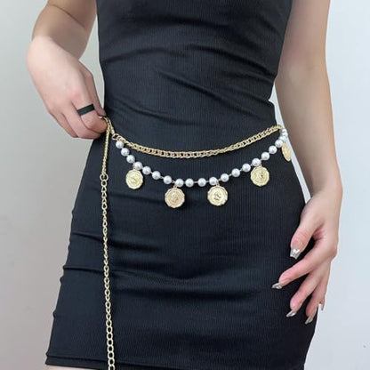 Pirate Waist Chain for Women Multilayer Metal Waist Chain Belt Adjustable Long Belt Body Belly Chain Boho Layered Coin Waist Chain Pirate Costume Women Men Jewellery - style: 408-HSYL-B B pe