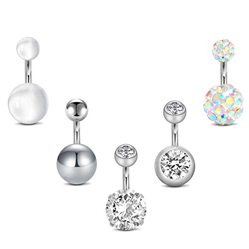 QWALIT Belly Rings - Short Bar Belly Button Rings in Surgical Steel with Opal Stones - 6mm & 10mm - color: Style C - silver -6mm