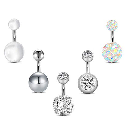 QWALIT Belly Rings - Short Bar Belly Button Rings in Surgical Steel with Opal Stones - 6mm & 10mm - color: Style C - silver -6mm