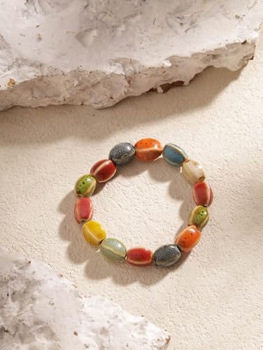 Boho Hippie Colorful Ceramic Beads Strand Stretch Bracelet, Bohemian Summer Beach Jewelry Gift for Women - color: S06