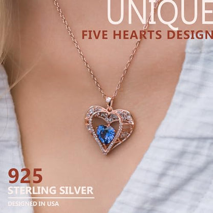 5 Heart I Love You Necklace for Women, Birthstone Crystal Pendant, Birthday Gift for Her, Wife, Mom, Rose Gold or Gunmetal Plated, 925 Sterling Silver Chain 18"+2" - color: 09-September-Sapphire Blue-Rose Gold Plated