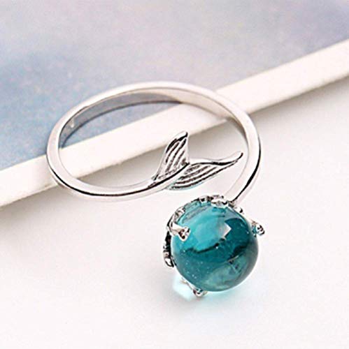 Duan Ocean Blue Opal Mermaid Fish Tail Finger Toe Rings Sterling Silver Plated Blue Crystal Adjustable Free Size Open Ring