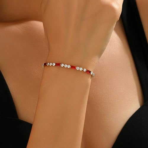 Tennis Bracelet for Women 18K Gold Plated White Red Green Black Blue Pink 3mm Cubic Zirconia Bracelet Dainty Diamond Adjustable Bracelet Trendy Jewelry Gift - color: Red Tennis-Gold