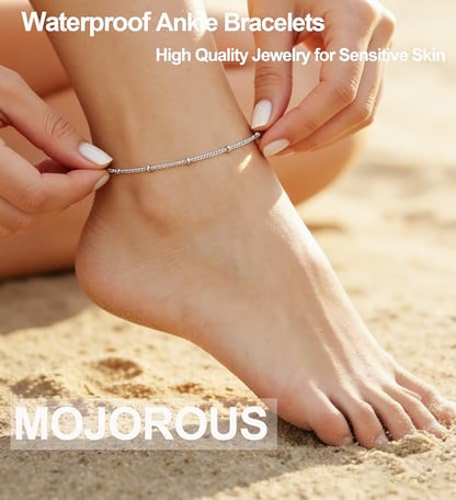 Waterproof Anklet 18K Gold/Sterlings Silver Plated Stainless Steel Ankle Bracelets for Women Figaro Pearls Chain Summer Beach Foot Jewelry 8.5+2Inches - color: Beaded chain,Silver
