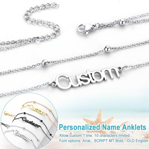 U7 Custom Layered Ankle Bracelets for Women Stainless Steel Bead/Cuban/Figaro/Rope/Wheat Chain Anklet Waterproof Anklet Jewelry for Beach Vacation - color: b-Silver-Bead Chain