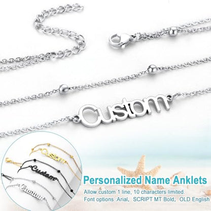 U7 Custom Layered Ankle Bracelets for Women Stainless Steel Bead/Cuban/Figaro/Rope/Wheat Chain Anklet Waterproof Anklet Jewelry for Beach Vacation - color: b-Silver-Bead Chain