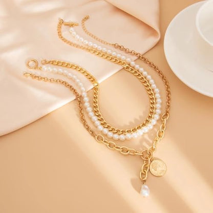 Chunky Layered Pearl Necklaces Set for Women Big Coin OT Choker Necklace | Gold,silver,layering,pearls,stack,pearl jewelry,drop,baroque,buckle,beaded,chain,statement,clasp,toggle,accessories,gift - color: Color-1