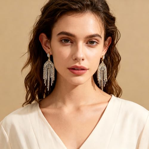 Fringe Dangling Tassel Earrings for Women, Handcrafted Chandelier Long Bohemian Beaded Cubic Zirconia Crystal Imitation Pearls Inlay Statement Boho Chain Hook Earrings for Wedding Party - color: White