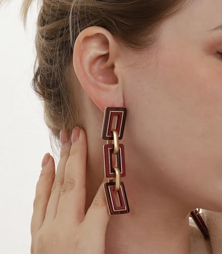 Ozel - Natural Wooden Acrylic Boho Drop Dangle Earrings for Women - Geometric Statement Jewellery - Brown, Black, Magent Red, Olive Green, White beige - color: 3Square_Magenta