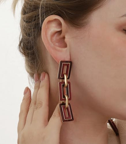 Ozel - Natural Wooden Acrylic Boho Drop Dangle Earrings for Women - Geometric Statement Jewellery - Brown, Black, Magent Red, Olive Green, White beige - color: 3Square_Magenta