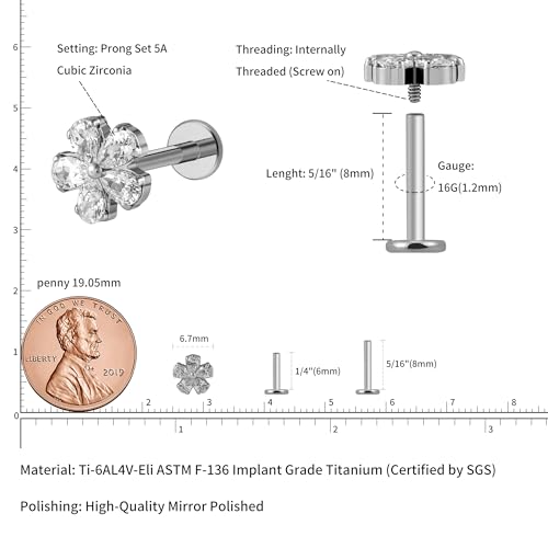 FINE4U 1PC ASTM F136 Titanium 16G Flatback Stud for Tragus, Helix, Conch 6mm 8mm - Screw on Cartilage Earring Piercing Jewelry - color: CZ Flower - Tit