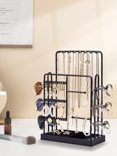 Jewelry Stand Holder Organizer, Sunglass Organizer for 6 Pairs of Eyewear Display, 3 Tier Jewelry Stand Necklace Holder, Gift for Women, Jewelry Holder for Necklace, Earring, Bracelet, Ring