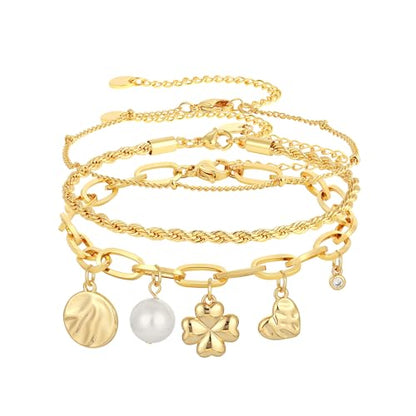 3PCS Charm Gold Bracelets for Women Non Tarnish,14k Plated Gold Bracelet Stack Cute Dainty Stackable Trendy Bow Cross Clover Bracelets Set Tarnish Free Gold Jewelry for Women Gifts - color: Three-Gold