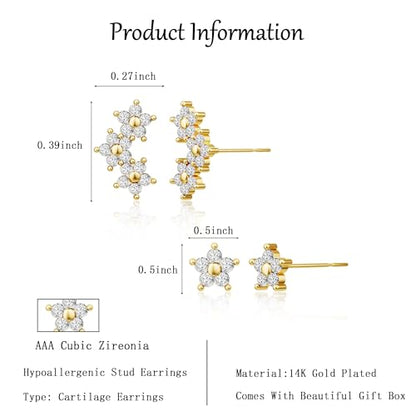Robaice Cartilage Climber Earrings for Women，14K Gold Plated Helix Stud | Trendy Cluster Earrings, CZ Stud Earring, Tragus Conch Daith Piercing, Ear Crawer,Hypoallergenic Jewelry Gift for Women - color: F-Flower CZ