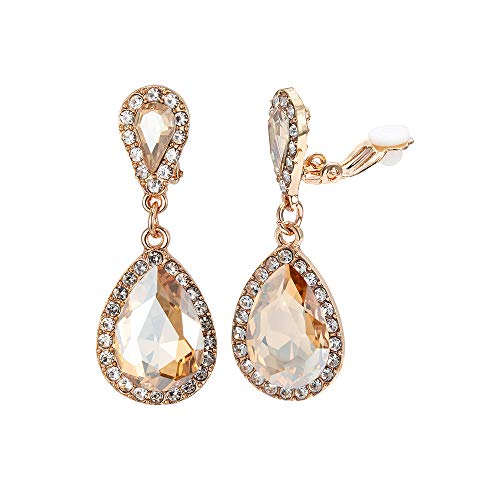 Classic Austrian Crystal Tear Drop Clip on Dangle Earrings for Women - color: Champagne,Gold