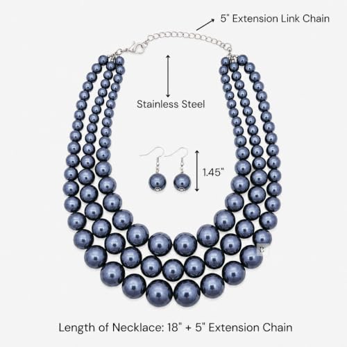 Simulated Pearl Necklace & Earring Set, Multi Strand - color: Dark Gray
