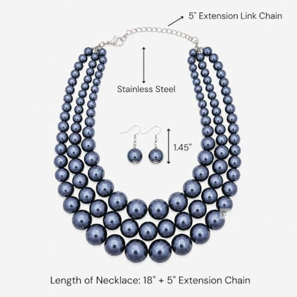 Simulated Pearl Necklace & Earring Set, Multi Strand - color: Dark Gray