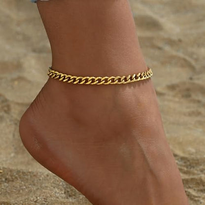 Dainty Ankle Bracelets for Women 18K Gold Plated Waterproof | Satellite Beaded Herringbone Lip Chain Anklets Simple Minimalist Summer Beach Foot Jewelry, Gift Box Included - color: Cuban-Gold