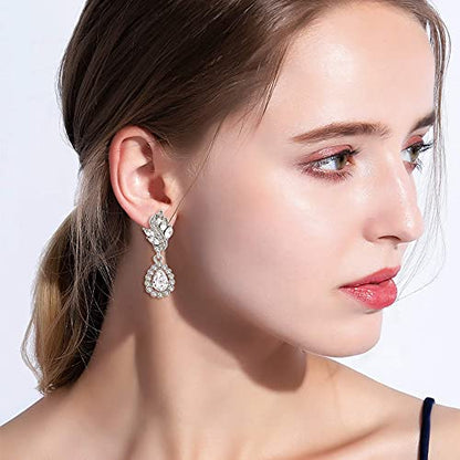 EleQueen Women's Austrian Crystal Art Deco Tear Drop Dangle Earrings Clip-on - color: 03-Silver-tone Clear