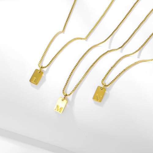 Gold Plated Square Initial Necklace Waterproof A-Z Letter Pendant on Thin Chain - Dainty, Stackable Jewelry for Women - color: Golden-S, size: F