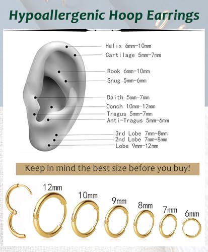 Surgical Steel Huggie Hoop Earrings & Flat Back Studs for Women Men, 6mm-14mm Small Hoops for Cartilage Helix Tragus Lobe, 1-10 Pairs Multiple Piercing Jewelry Set for Sensitive Ears - style: 1Pair,Gold,10mm(THK:1.6mm)