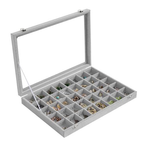 Stratalife Jewelry Organizer, Velvet Earring Storage Box, 13.78"x9.4" | 40 Grid Stackable Jewelry Tray with Clear Lid, Velvet Jewelry Box for Drawer, Necklace Trinket Display Organizer, Beige - color: Gray, size: 40 Grid