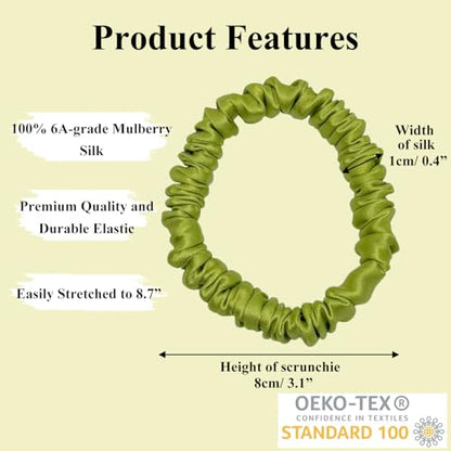 VLOMOT 3 Pcs Set 100% Pure Mulberry Silk Hair Scrunchies (Green) | Silk Hair Ties for Thin Hair with 3 Chic Colors Everyday Skinny Scrunchies Silk Ponytail Holders Hair Care No Damage - color: Green