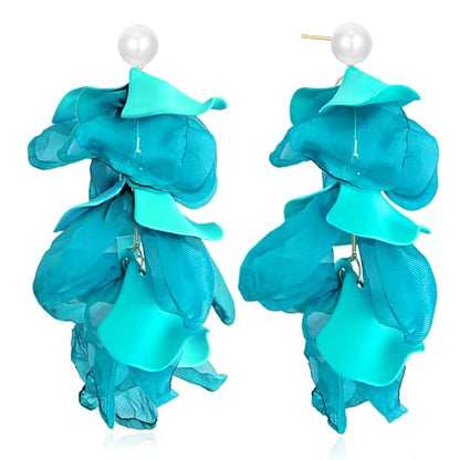Handmade Bohemian Lightweight Fabric Flower Dangle Drop Earrings Chic Pearl Large Tassel Petal Stud Earrings For Women - color: Blue Green