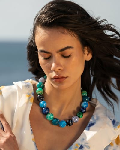 Chunky Beaded Choker Necklace for Women Boho Statement Necklace with Large Pearl Blue Brown Tone Resin Beads Summer Beach Jewelry Gifts - color: Blue-A