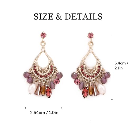 Fringe Dangling Tassel Earrings for Women, Handcrafted Chandelier Long Bohemian Beaded Cubic Zirconia Crystal Imitation Pearls Inlay Statement Boho Chain Hook Earrings for Wedding Party - color: Gold Teardrop Purple Crystal