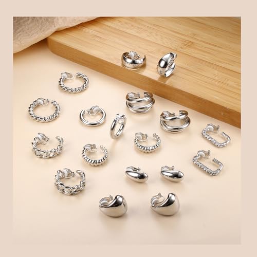 Gold Clip on Earrings for Women 14K Gold Plated Chunky Clip on Hoop Earrings 9 Pairs No Piercing Fake Earrings Set - color: Silver Tone