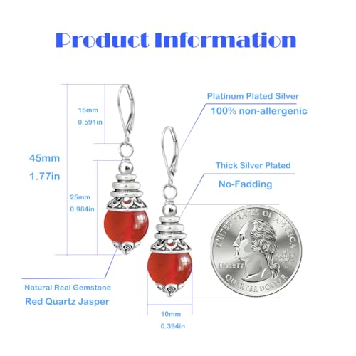 Natural 10mm Stone Beads Drop Earrings,Retro Silver Round Quartz Crystal Gemstone Beads Dangle Earrings for Women - color: A12_Red Quartz Jasper