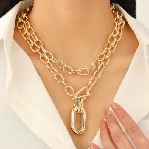 Gold Layered Chunky Chain Necklace for Women, Double Chain Paperclip Pendant Statement Choker, Trendy Minimalist Fashion Jewelry