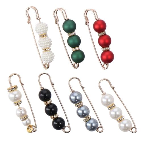 7PCS Beads Safety Pins, 7 Color Clothing Safety Pins Faux Pearl Decorative Pins Pant Adjustment Pins for Women Sweater Shawl Clip for Clothes Waist Pants Craft Accessories