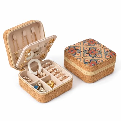 Vibrant Mandala Cork Jewelry Case – Small Square Zip Organizer for Women – Stylish Gift for Travel and Vanity (Mosaic Pattern) - style: Mosaic Muse