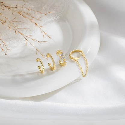 14K Gold Plated Ear Cuff Earrings for Women, Dainty Ear Cuffs Non Piercing Clip on Earrings Trendy Non pierced Cubic Zirconia Fake Hoop Earring Jewelry Sets for Women - color: Gold-4