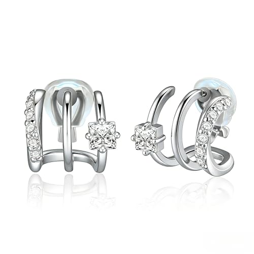 FAN&LOUIS Clip On Earrings Women, Gold Silver Triple Huggie Stud Clip-on Earrings Cubic Zirconia|Double Huggie Hoop Gold Hoop Earrings Clips for Women Trendy Lightweight - style: Silver